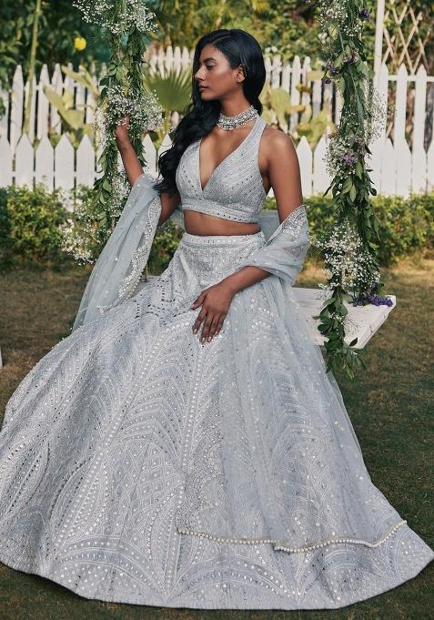 Grey Embroidered Georgette Lehenga Choli