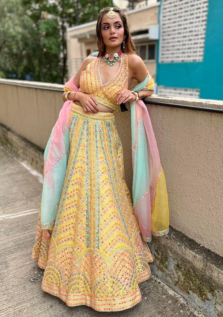 Yellow Embroidered Dola Silk Lehenga Choli