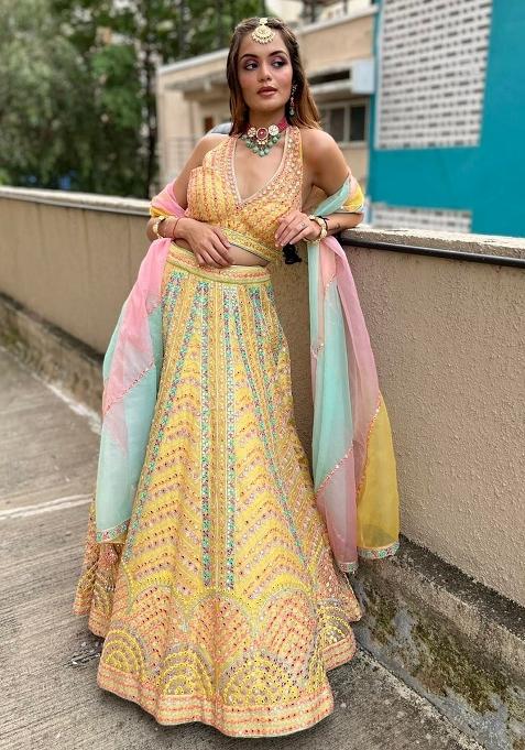 Yellow Embroidered Dola Silk Lehenga Choli