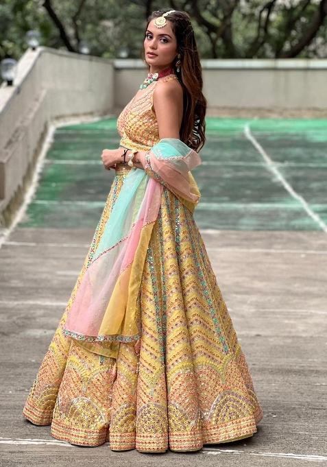 Yellow Embroidered Dola Silk Lehenga Choli