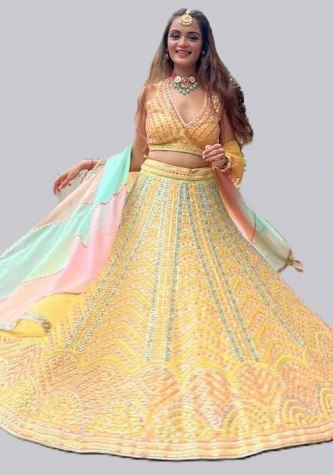 Yellow Embroidered Dola Silk Lehenga Choli