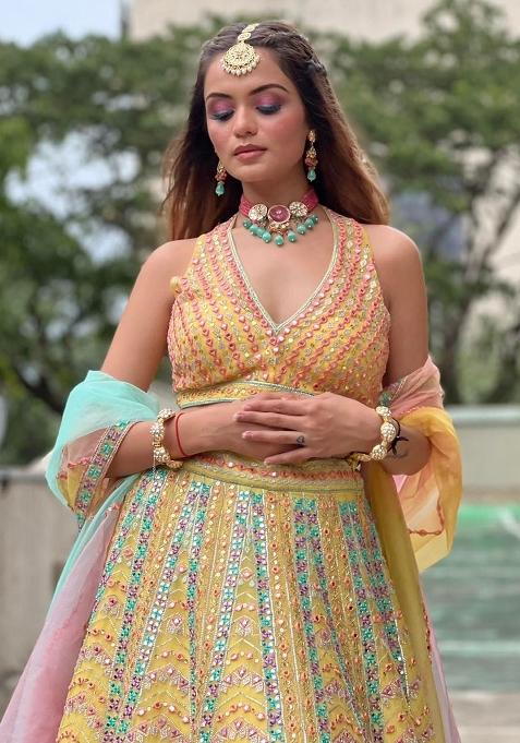 Yellow Embroidered Dola Silk Lehenga Choli