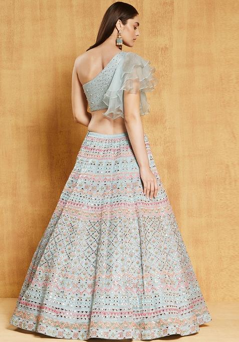 Sea Green Embroidered Organza Silk Lehenga Choli