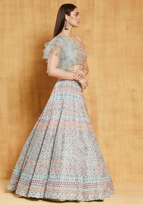Sea Green Embroidered Organza Silk Lehenga Choli