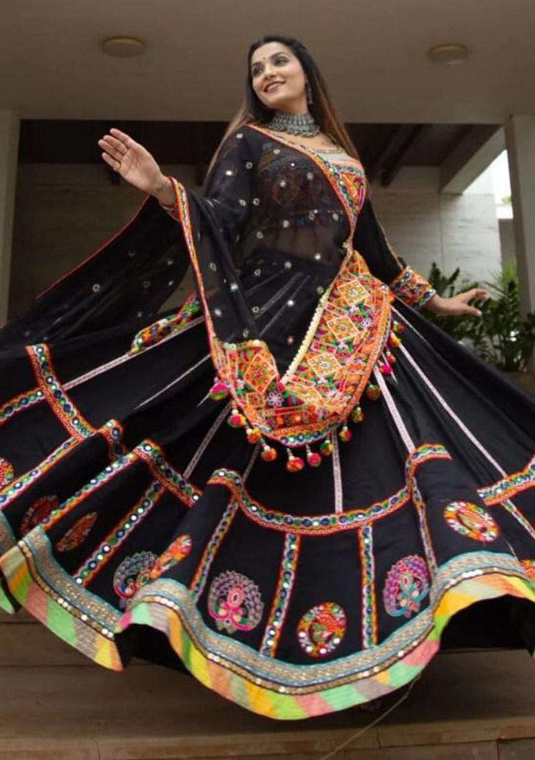 Black Digital Printed Silk  Lehenga Choli - Indya