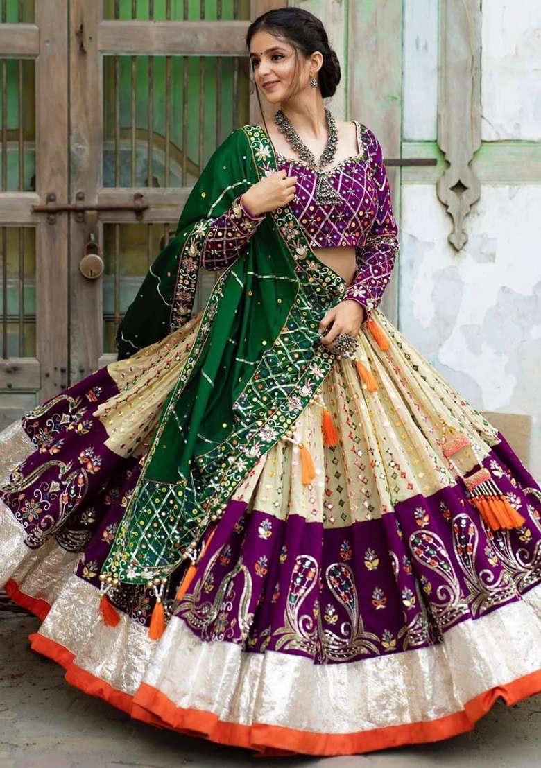 Cream Digital Printed Silk Blend Lehenga Choli for Diwali and Festive Wear - Indya