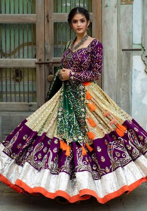 Cream Digital Printed Silk Blend Lehenga Choli
