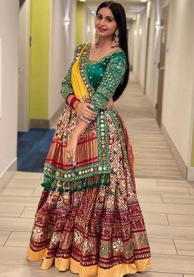 Cream Digital Printed Silk  Lehenga Choli