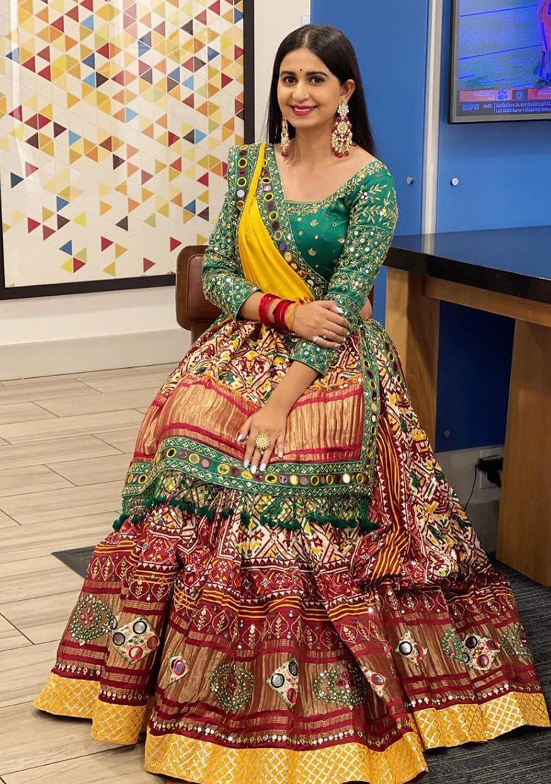 Cream Digital Printed Silk Lehenga Choli