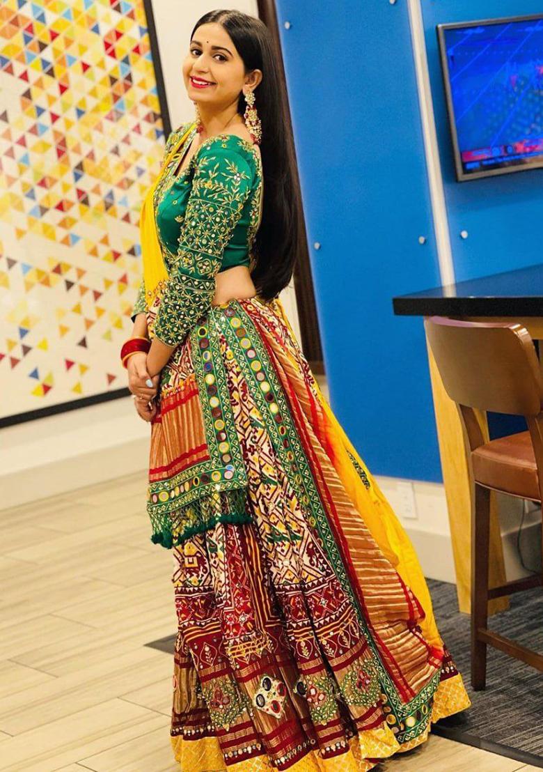 Cream Digital Printed Silk Lehenga Choli