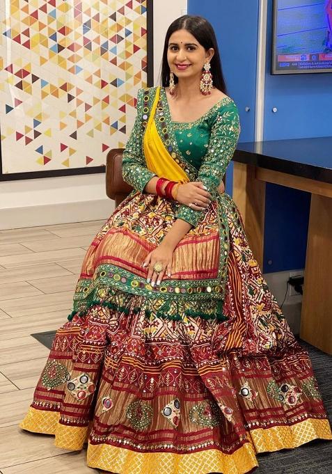 Cream Digital Printed Silk Lehenga Choli