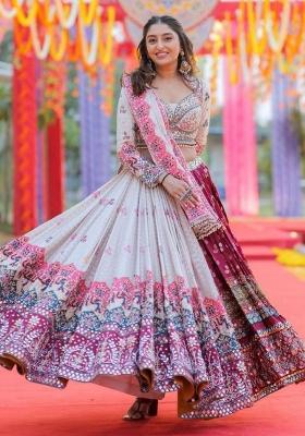 White Digital Printed Silk  Lehenga Choli