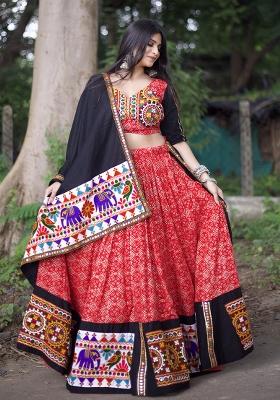 Red Gamthi Work Pure Cotton Lehenga Choli