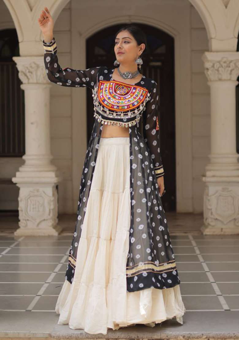 Black Embroidered Cotton Lehenga Set - Indya