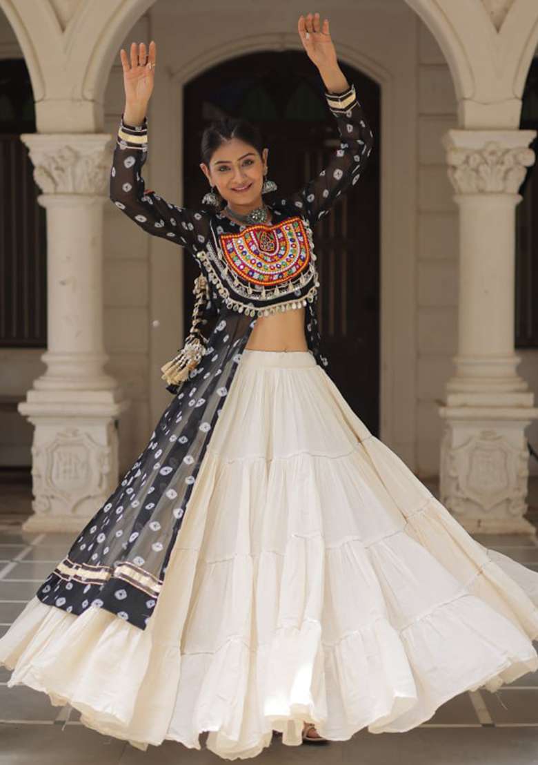 Black Embroidered Cotton Lehenga Set - Indya