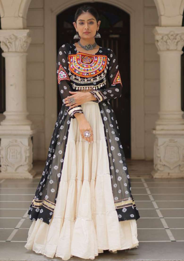 Black Embroidered Cotton Lehenga Set - Indya