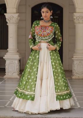 Green Embroidered Cotton Lehenga Set