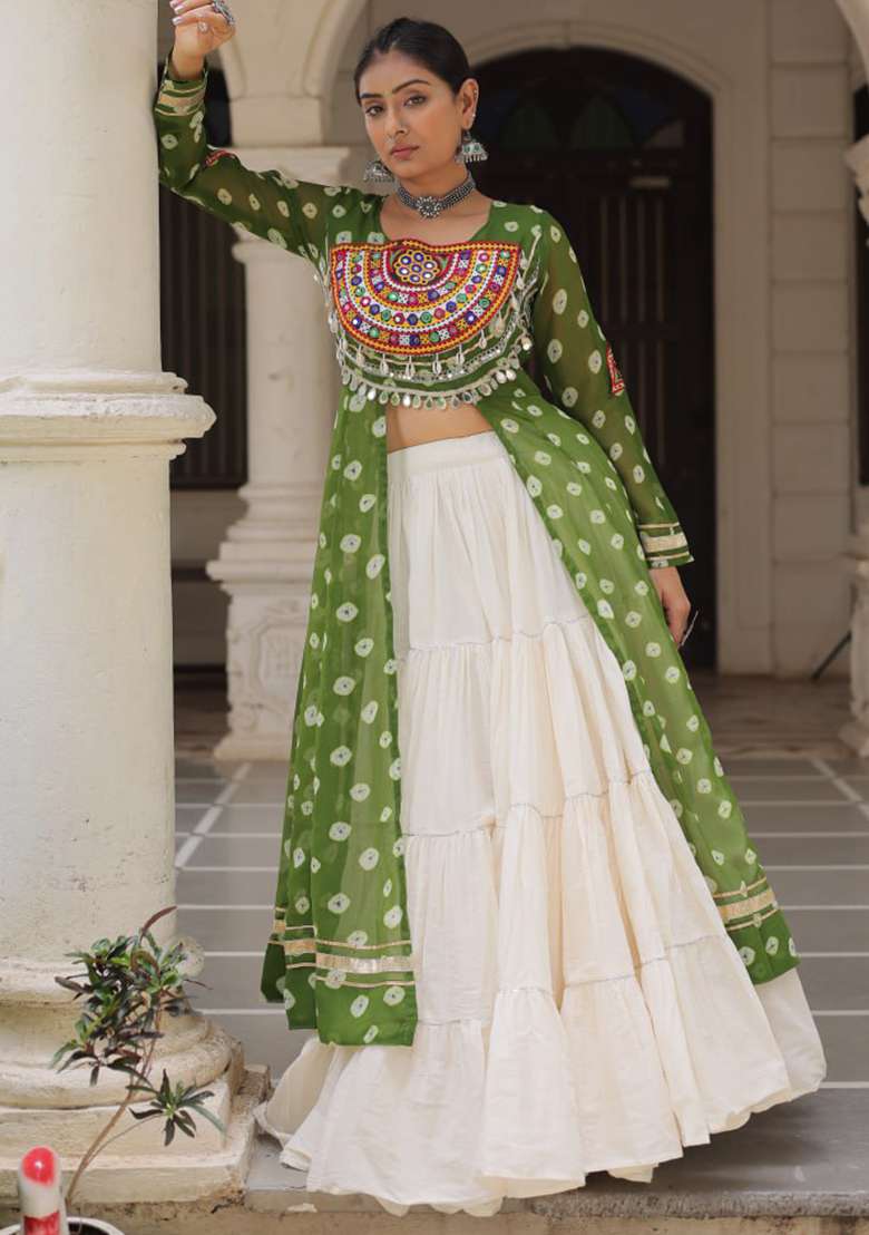 Green Embroidered Cotton Lehenga Set - Indya