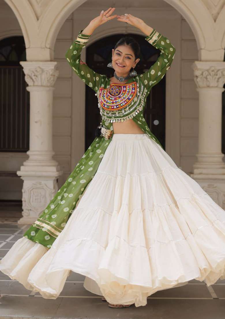 Green Embroidered Cotton Lehenga Set - Indya