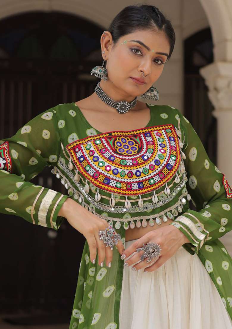 Green Embroidered Cotton Lehenga Set - Indya