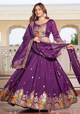 Purple Embroidery With Thread Work Pure Vichitra Lehenga Choli