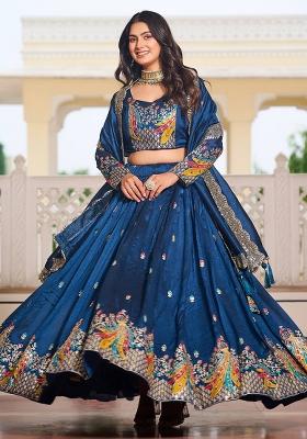 Blue Embroidery With Thread Work Pure Vichitra Lehenga Choli