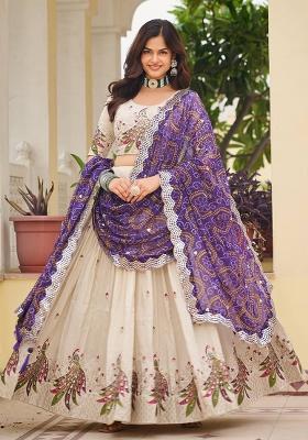 Purple Embroidery With Thread Work Pure Tissue Silk Lehenga Choli
