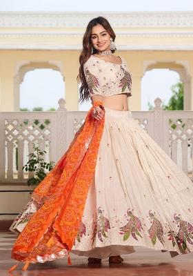 Orange Embroidery With Thread Work Pure Tissue Silk Lehenga Choli