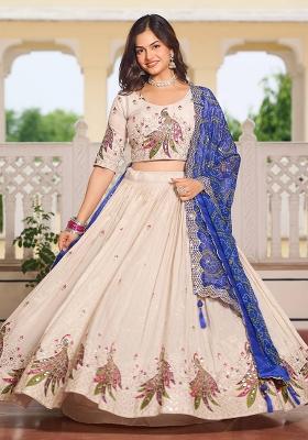 Sky Blue Embroidery With Thread Work Pure Tissue Silk Lehenga Choli