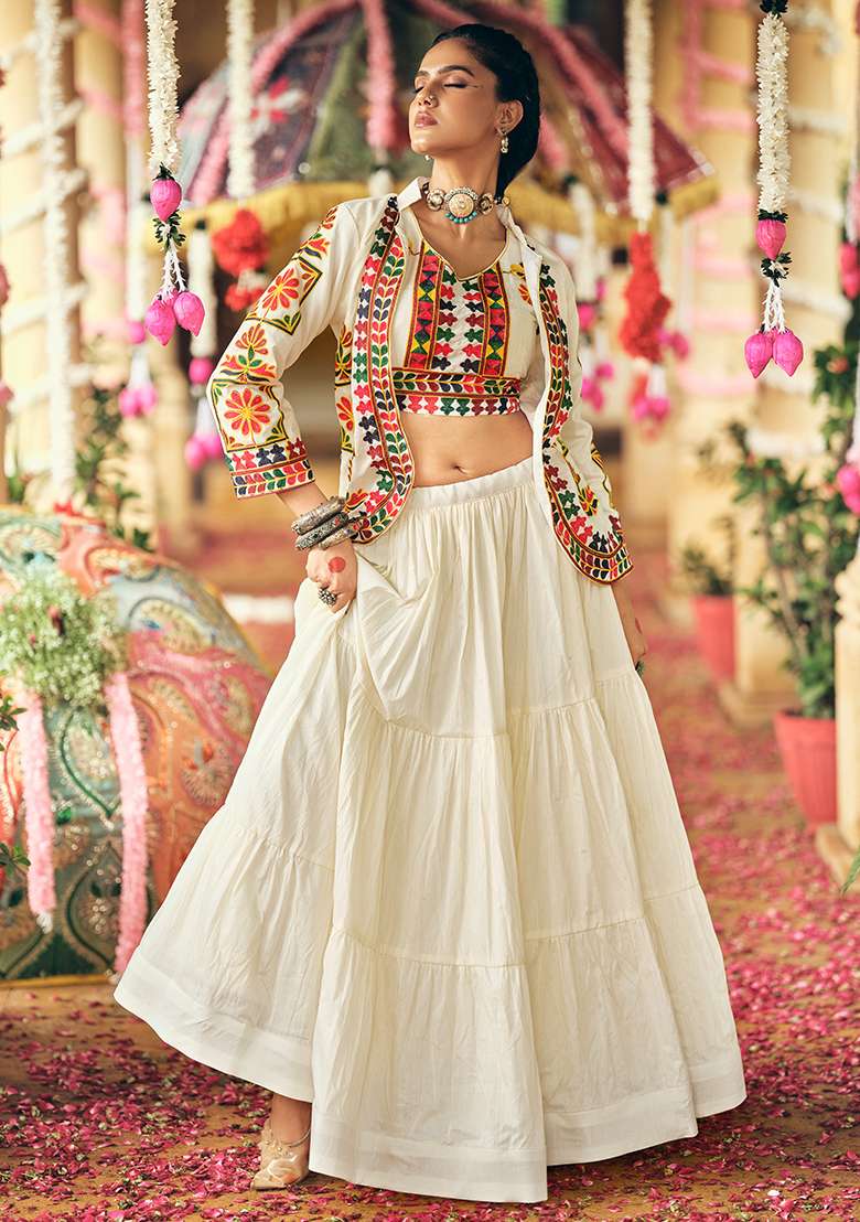 White Embroidery Pure Cotton Lehenga Choli - Indya