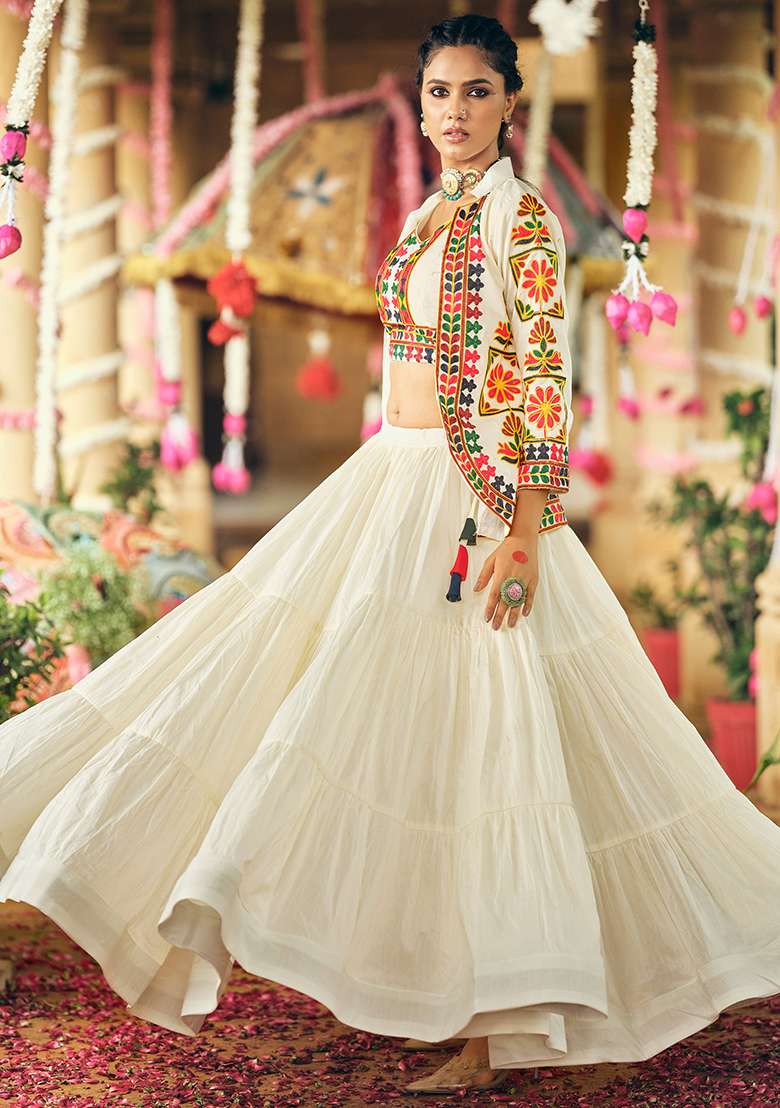 White Embroidery Pure Cotton Lehenga Choli - Indya