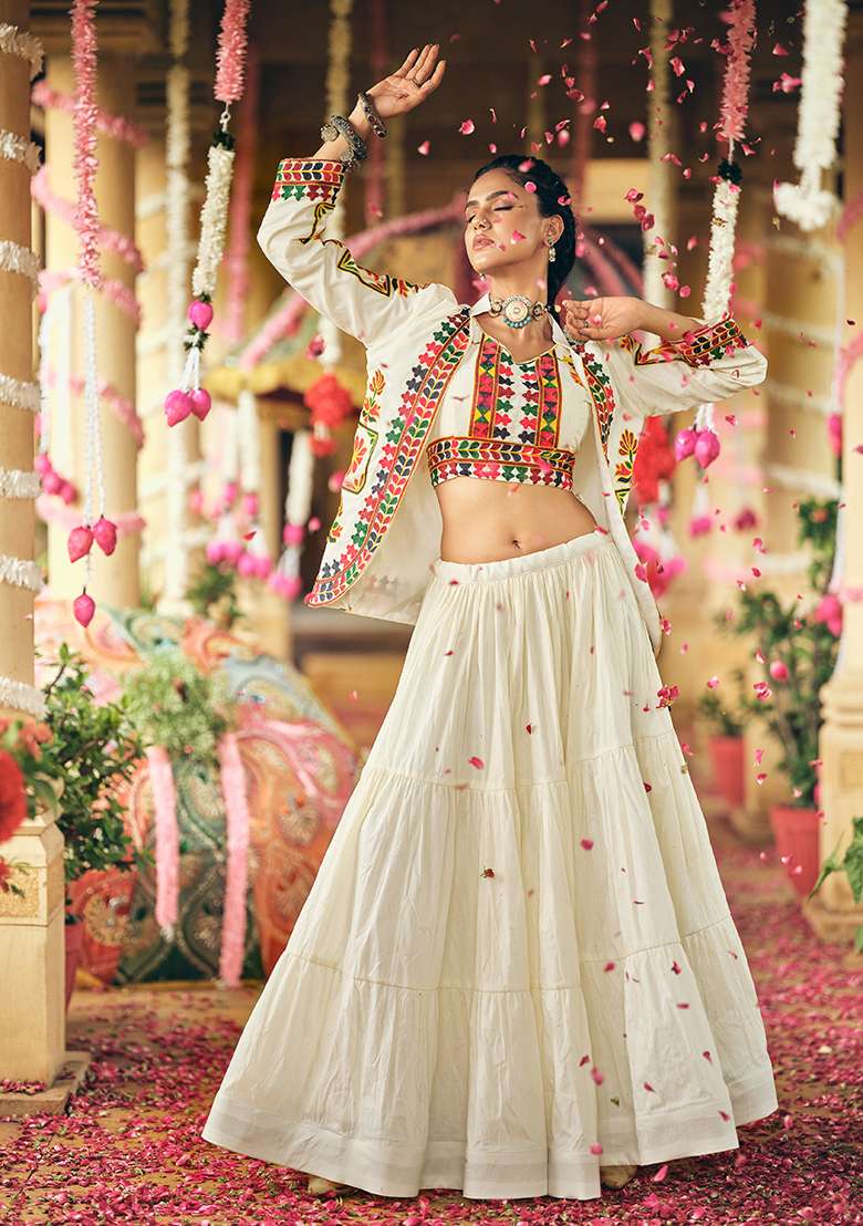 White Embroidery Pure Cotton Lehenga Choli - Indya