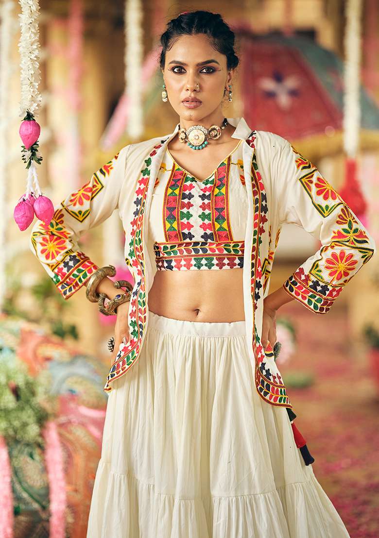 White Embroidery Pure Cotton Lehenga Choli - Indya