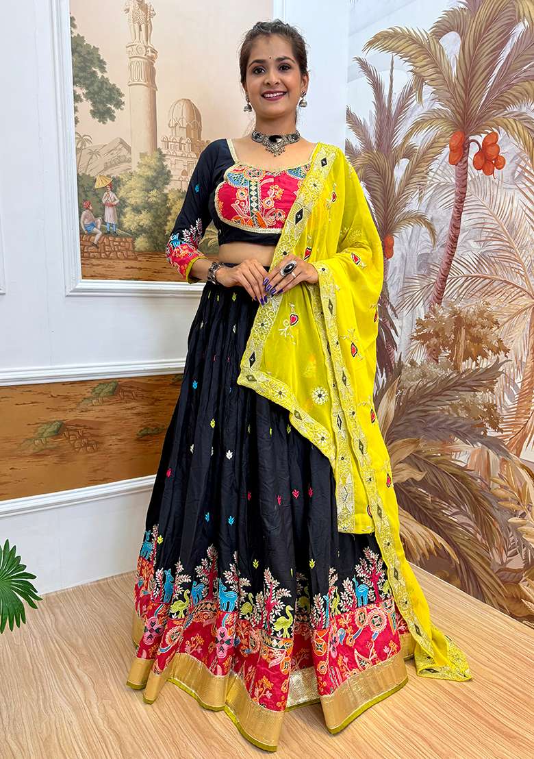 Navy Blue Embroidery Rayon Lehenga Choli - Indya