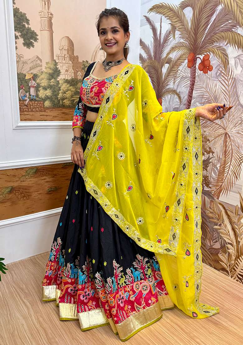 Navy Blue Embroidery Rayon Lehenga Choli - Indya
