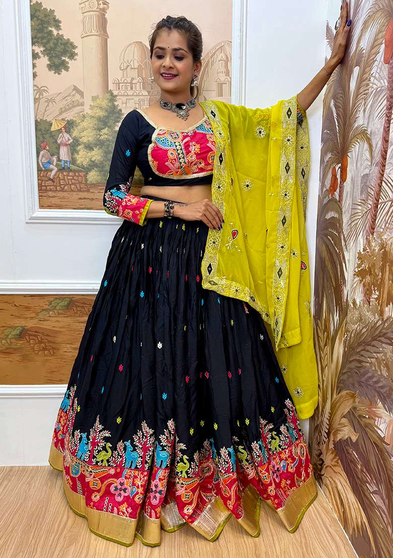 Navy Blue Embroidery Rayon Lehenga Choli - Indya