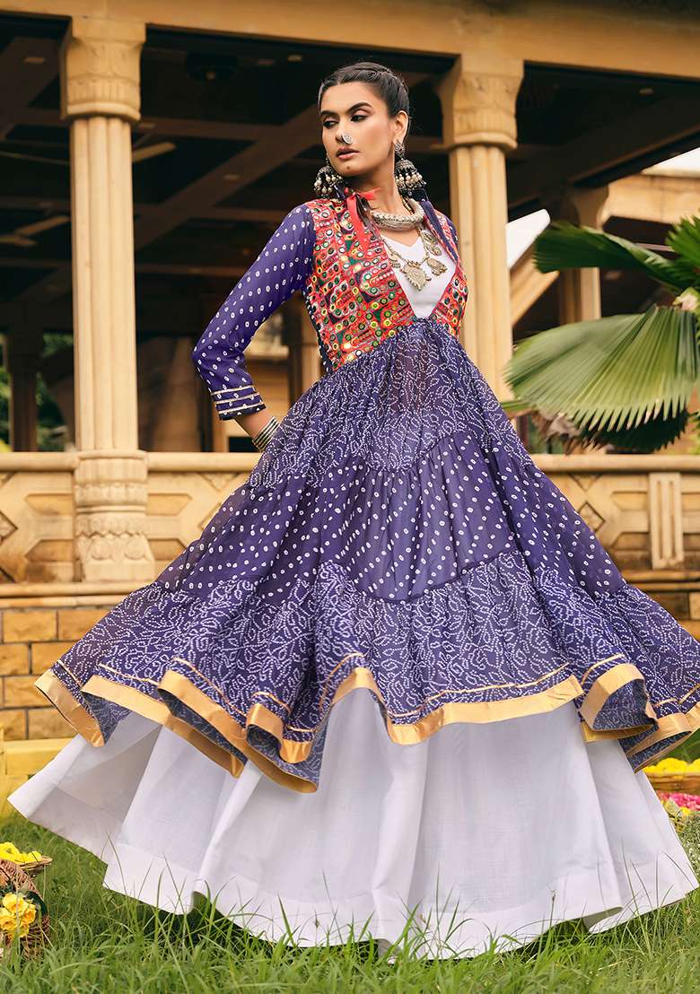 Blue Embroidery Pure Cotton Lehenga Choli - Indya