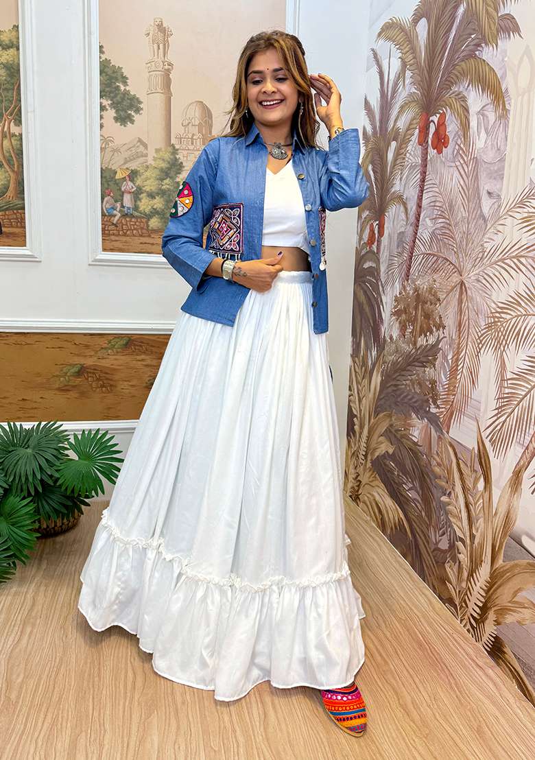 White Embroidery Pure Cotton Lehenga Choli - Indya