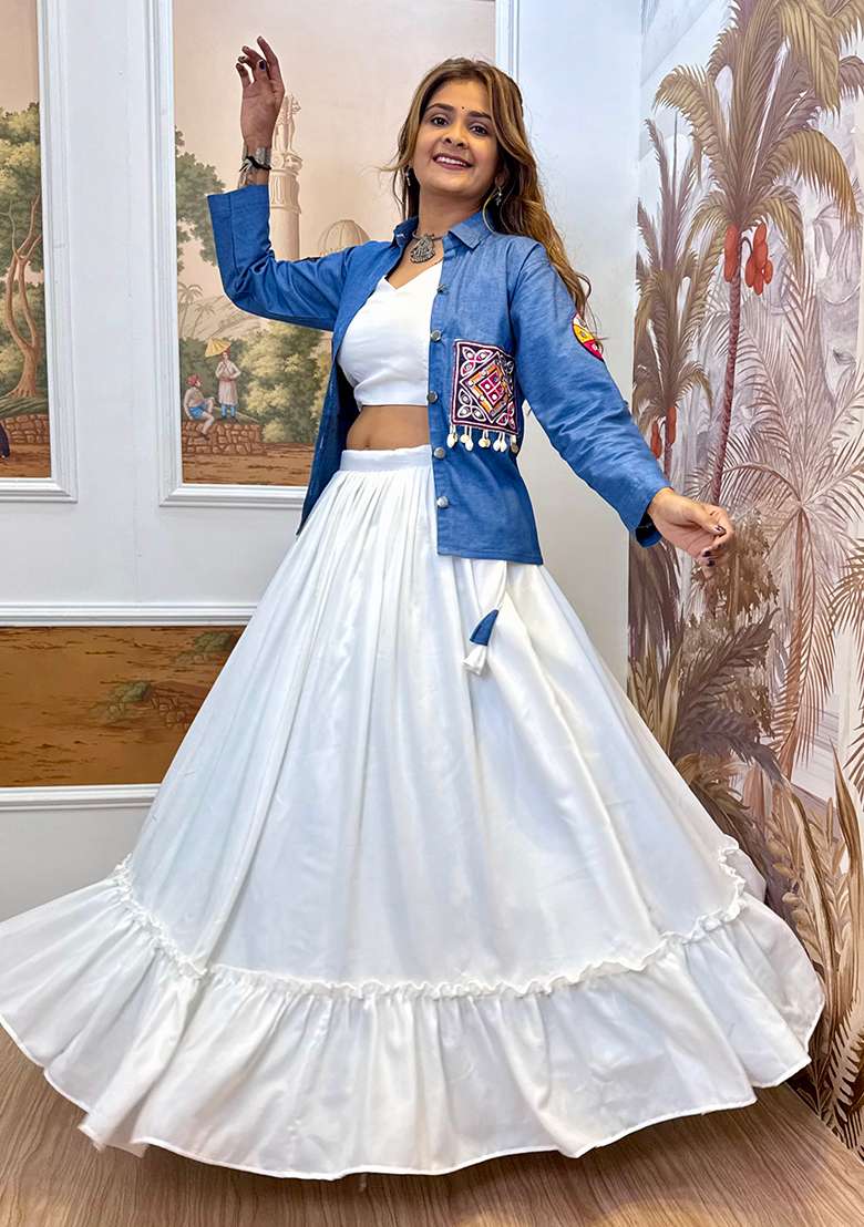 White Embroidery Pure Cotton Lehenga Choli - Indya