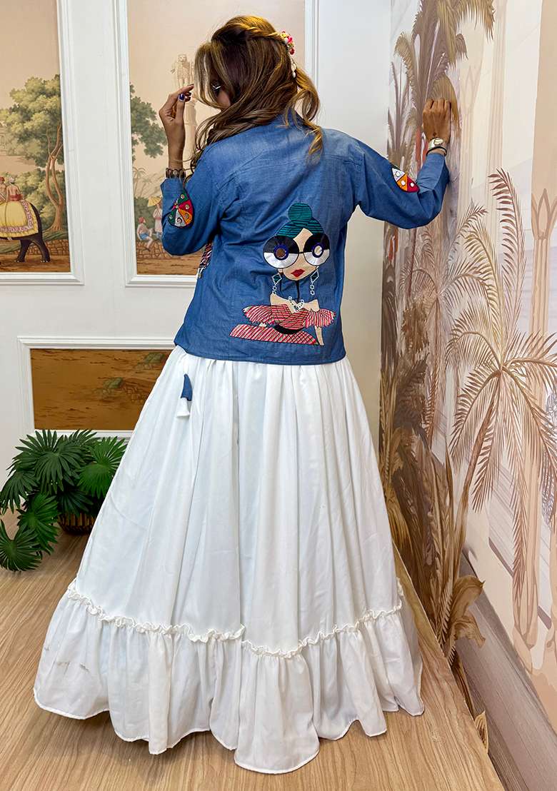 White Embroidery Pure Cotton Lehenga Choli - Indya