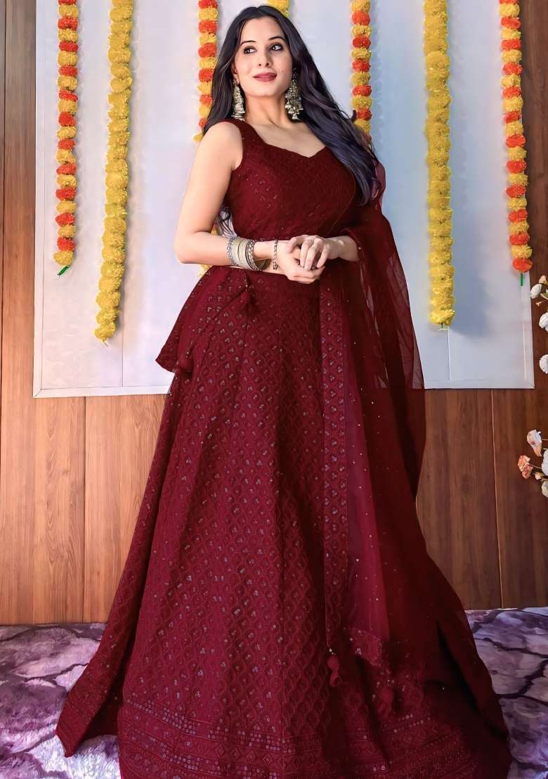 Maroon Blended Choli Lehenga with Embroidered for Diwali | Wedding & Festive Wear - Indya