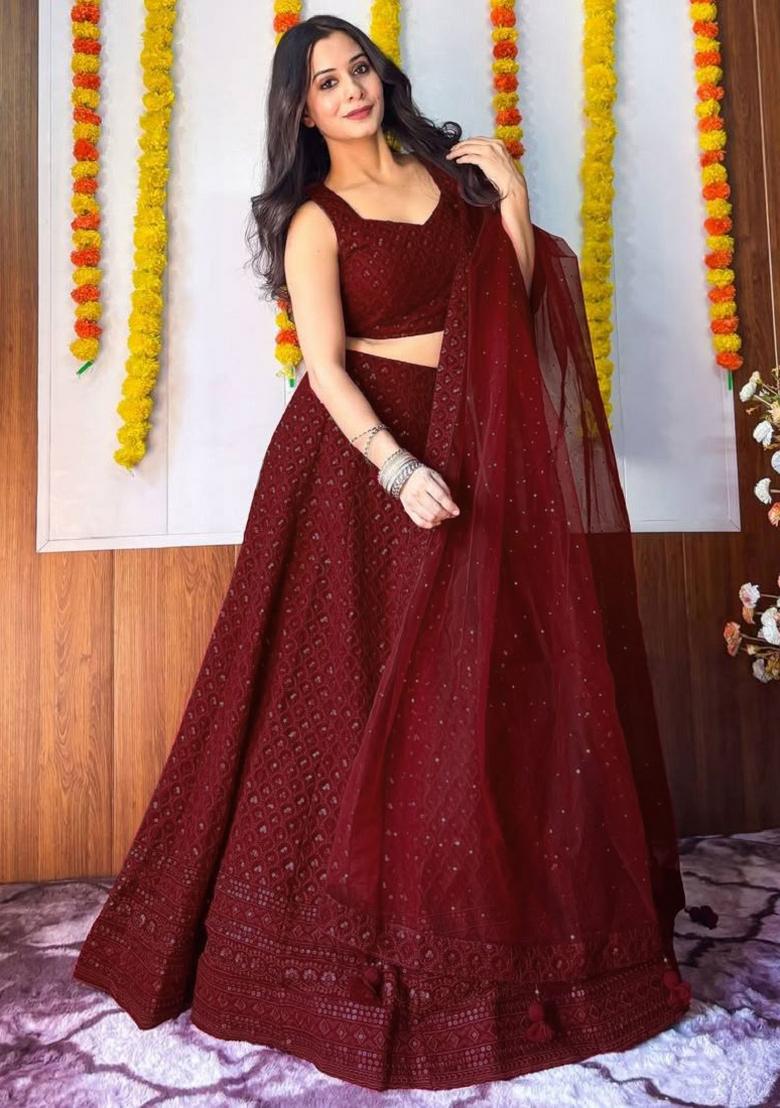 Maroon Embroidered Blended Lehenga Choli - Indya
