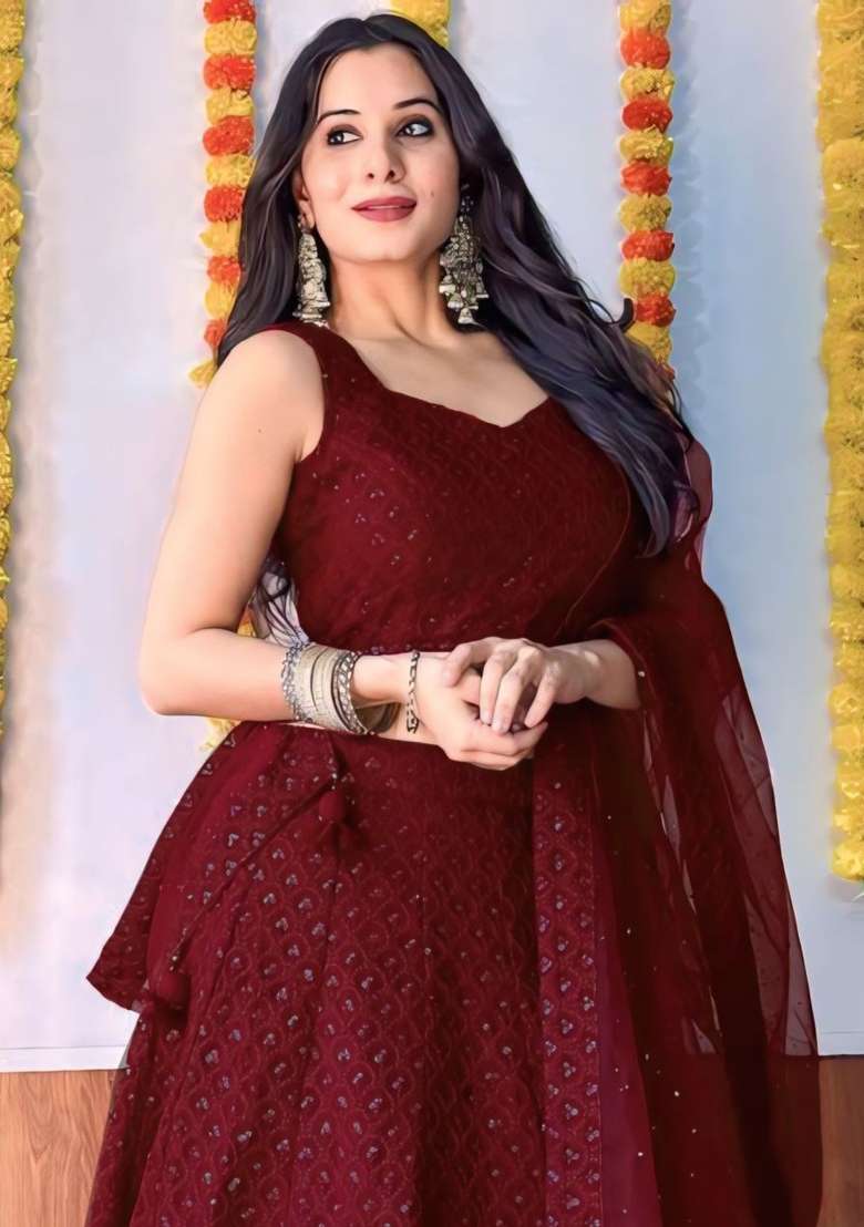 Maroon Blended Choli Lehenga with Embroidered for Diwali | Wedding & Festive Wear - Indya