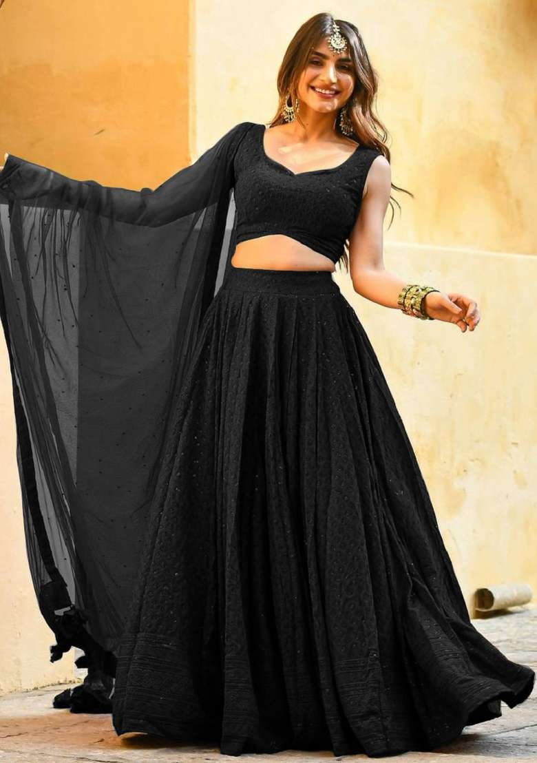 Black Blended Choli Lehenga with Embroidered for Diwali | Wedding & Festive Wear - Indya