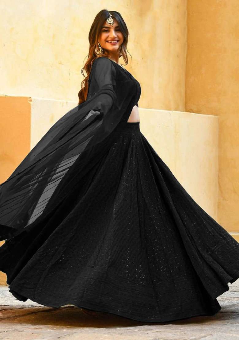 Black Blended Choli Lehenga with Embroidered for Diwali | Wedding & Festive Wear - Indya