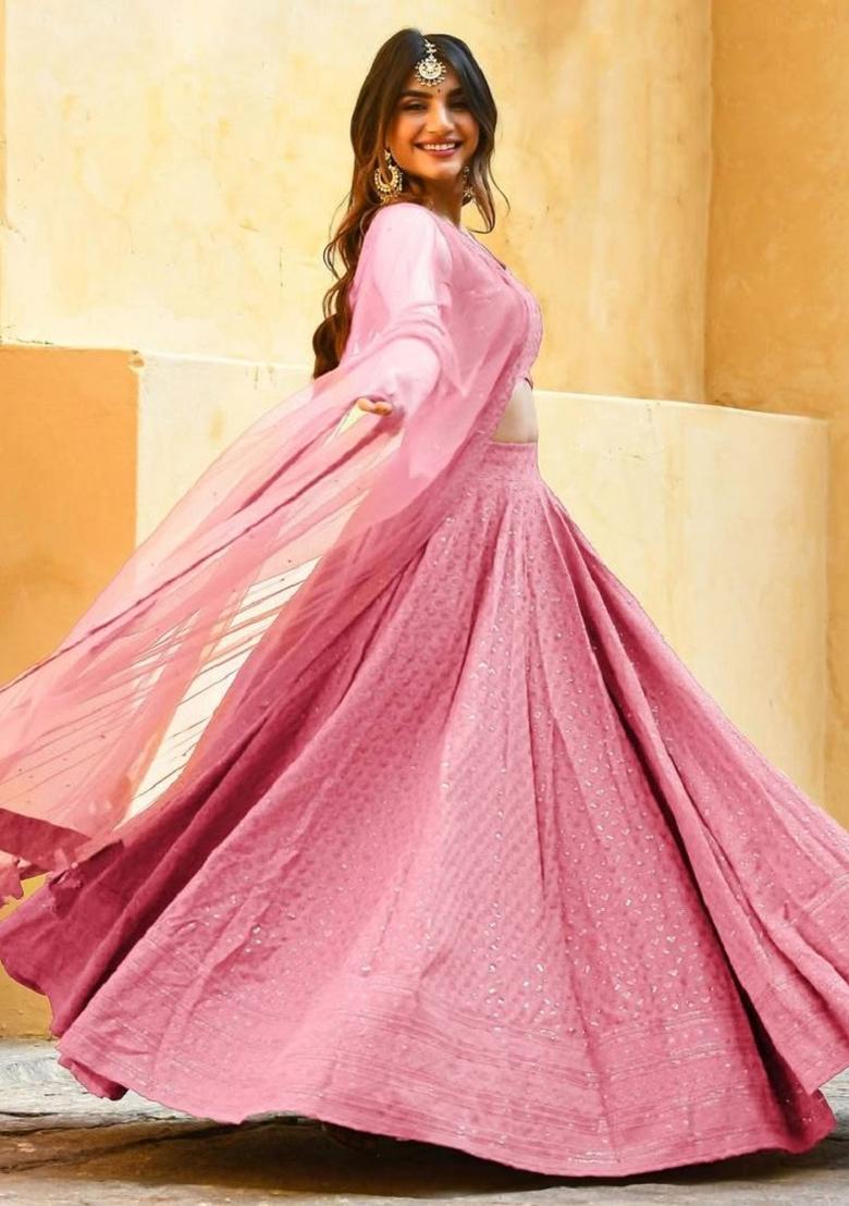 Baby Pink Embroidered Blended Lehenga Choli - Indya