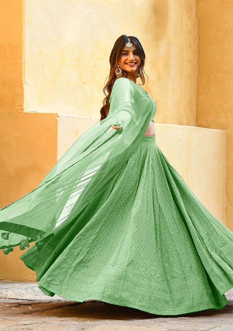 Green Embroidered Blended Lehenga Choli