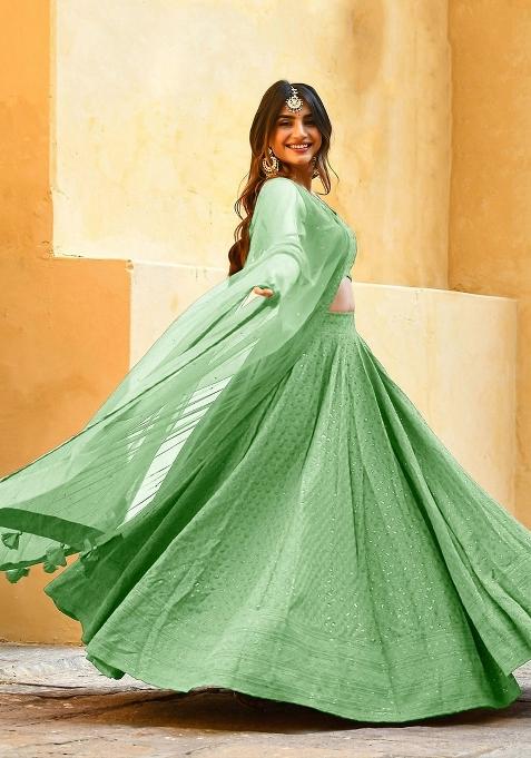 Green Embroidered Blended Lehenga Choli