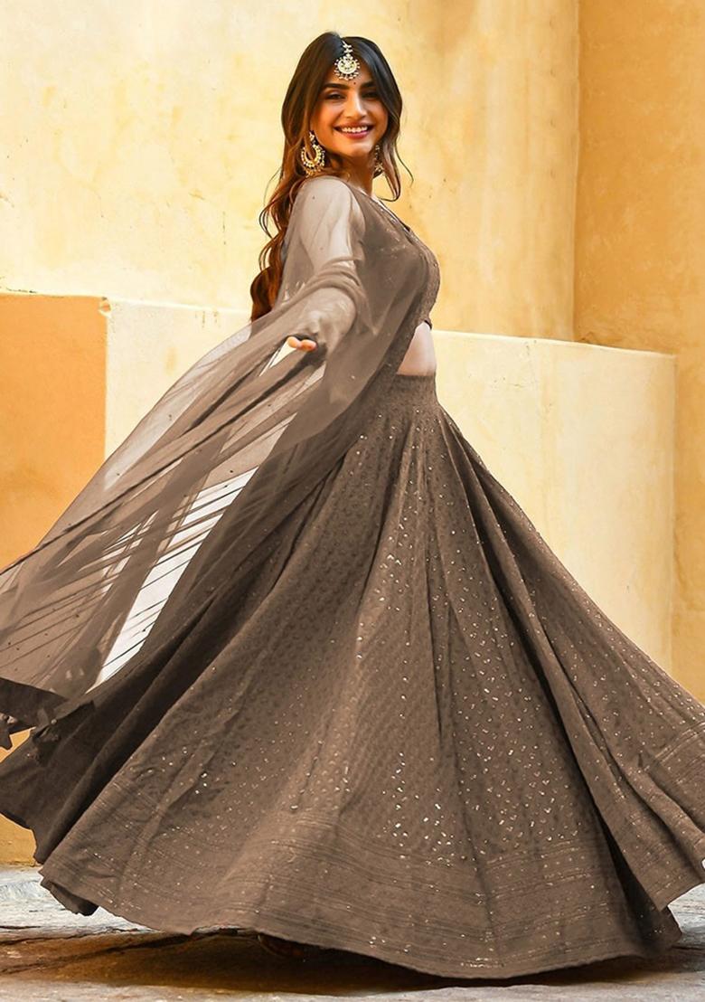 Grey Embroidered Blended Lehenga Choli - Indya