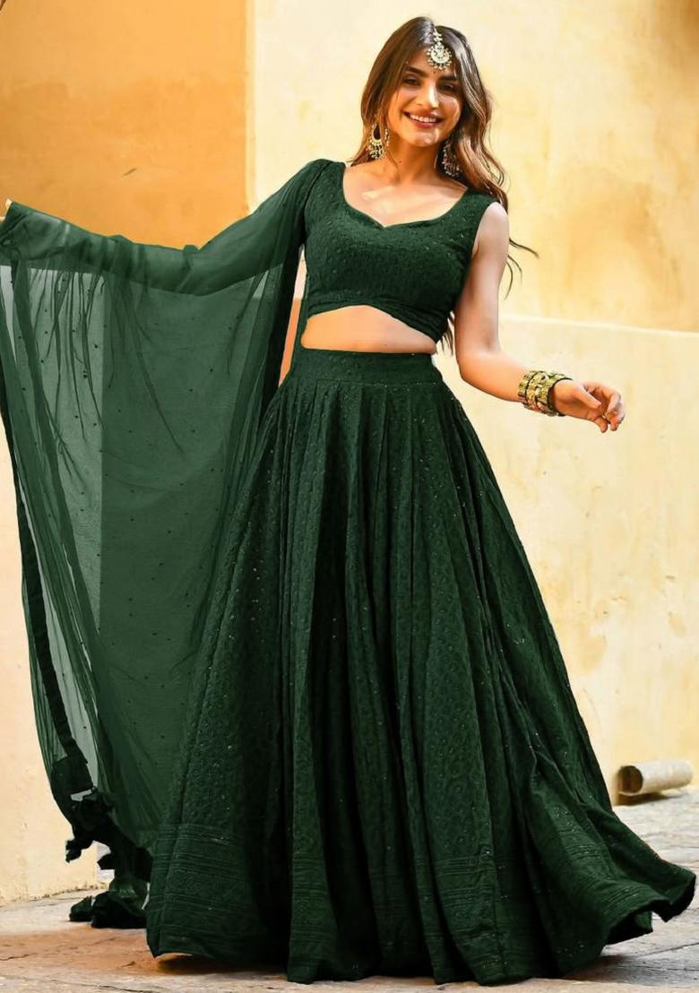 Green Embroidered Blended Lehenga Choli
